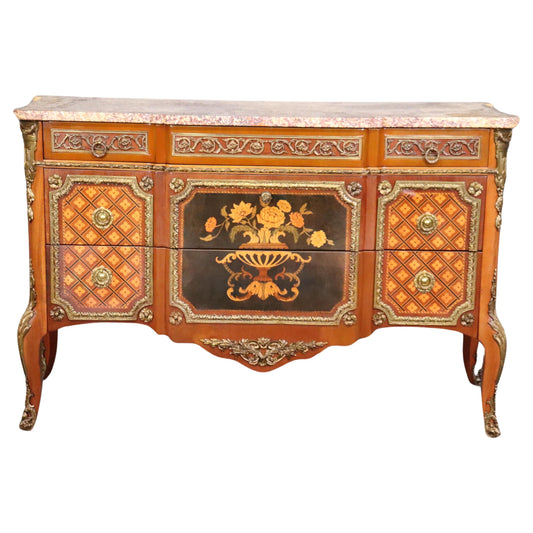 Superb Inlaid French Louis XV Bronze Mounted Marble Top Commode