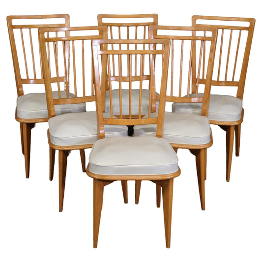 Set of Six Solid Sycamore Andre Arbus Style Mid Century Modern Dining Chairs