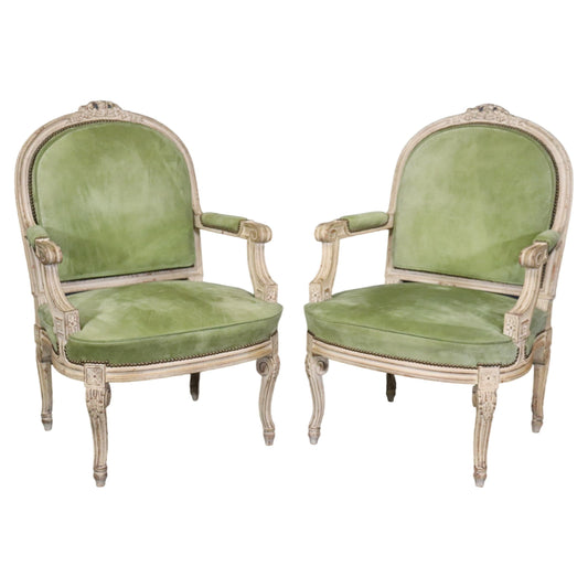 Fine Pair Antique White Paint Decorated French Louis XV Large Scale Armchairs