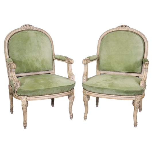 Fine Pair Antique White Paint Decorated French Louis XV Large Scale Armchairs