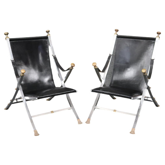 Pair of Maison Jansen Brass and Steel Paw Footed Campaign Chairs