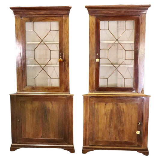 Rare Matched Pair Edwardian Chippendale Style Individual Glazed Corner Cabinets