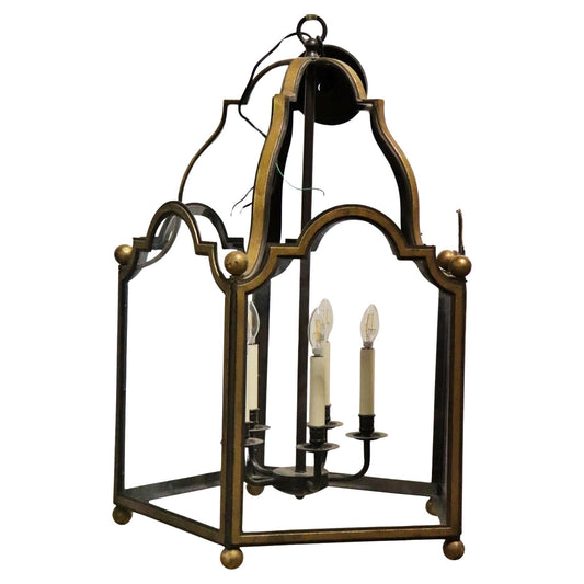 Gorgeous Large Gilded Wrought Iron 5 Sided Glazed 5 Light Chandelier Lantern