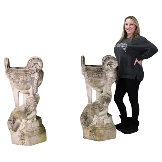 Pair of Very Large Cast Stone or Cement Antique French Cherub Putti Planters