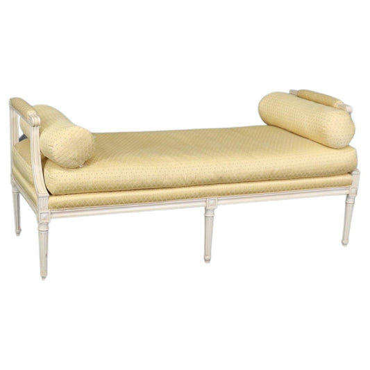 Superb Yellow Upholstered White Painted French Louis XVI Style Window Bench