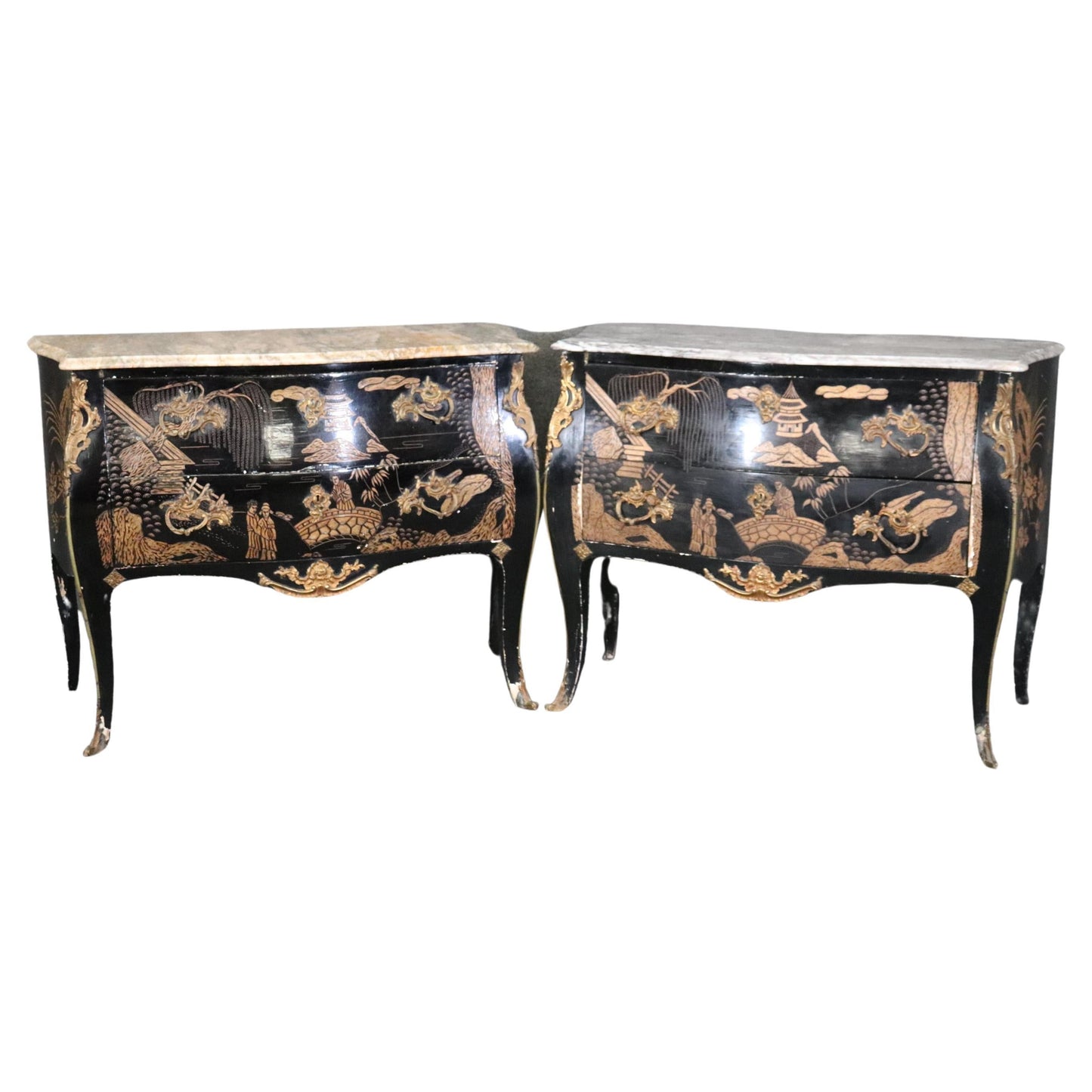 Rare Pair Coromandel Carved Lacquer Mable Top French Louis XV Style Commodes