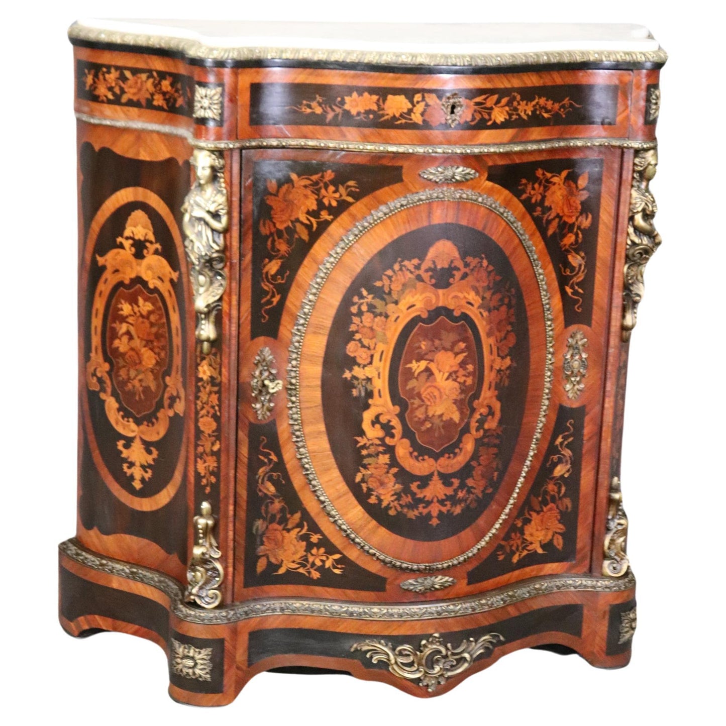 Gorgeous Figural Bronze Mounted Marble Top Napoleonic Inlaid Cabinet Commode