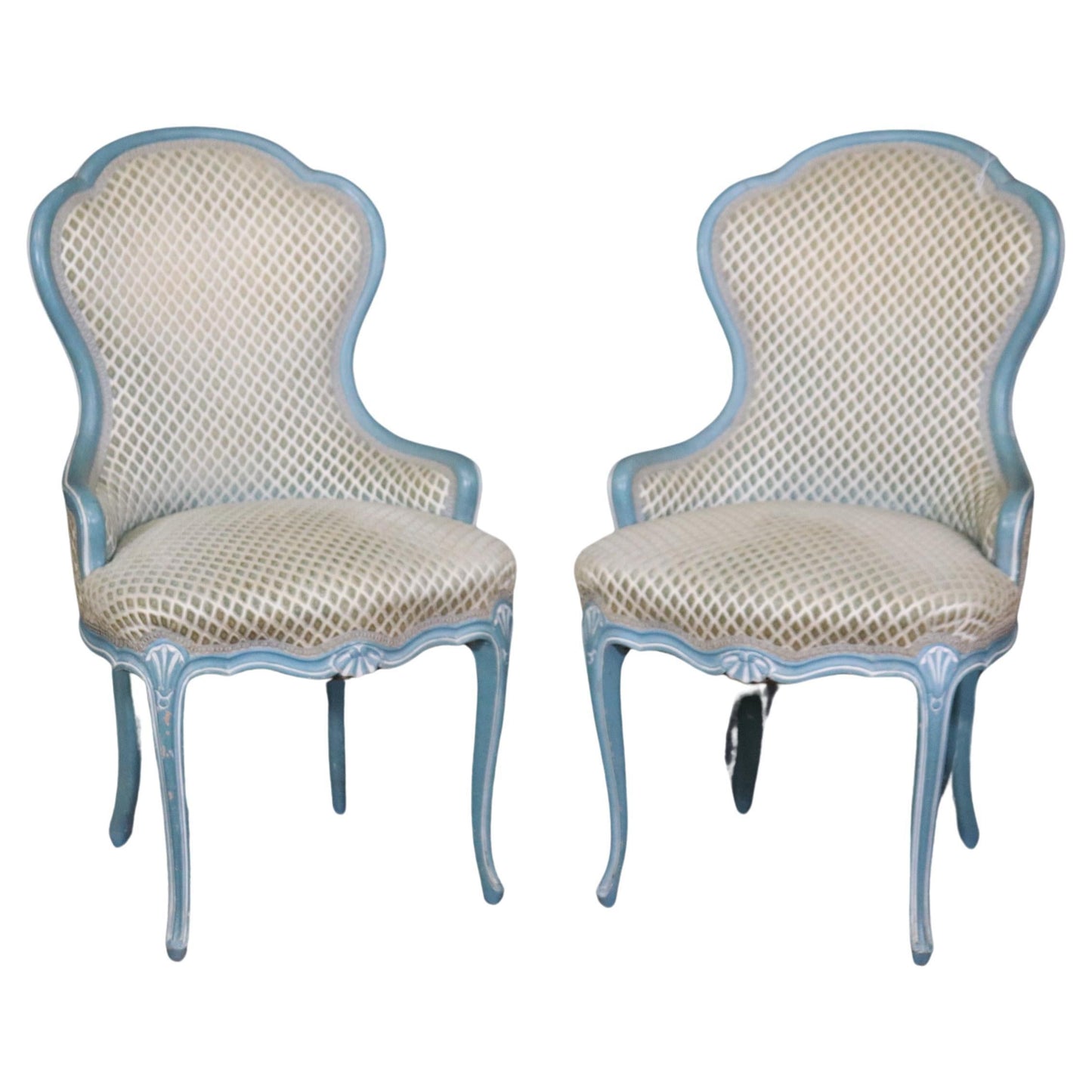 Gorgeous Pair of French Blue and White Painted Louis XV Parlor Boudoir Chairs