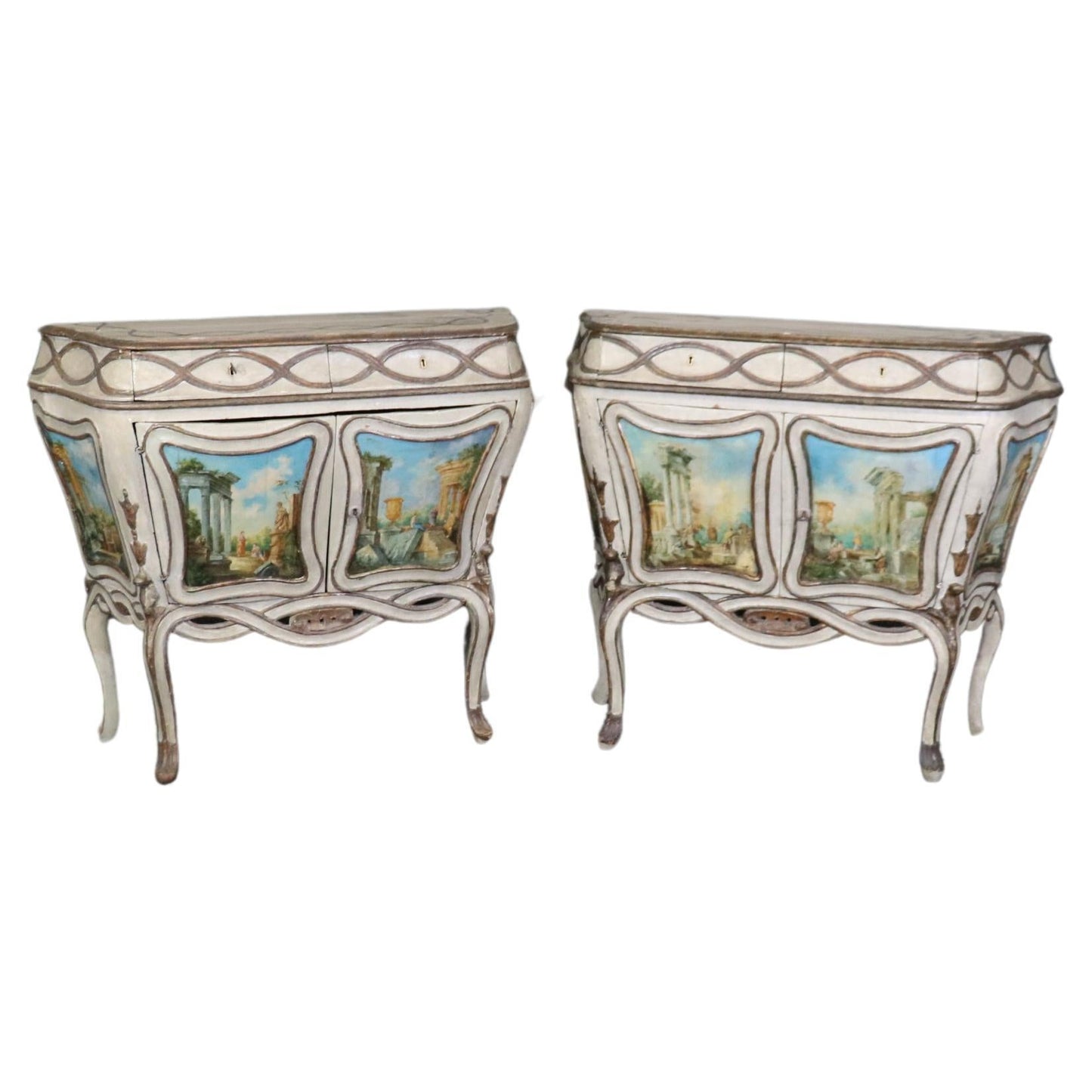 Rare Pair Period 18th Century Paint Decorated Venetian Commodes Cabinets