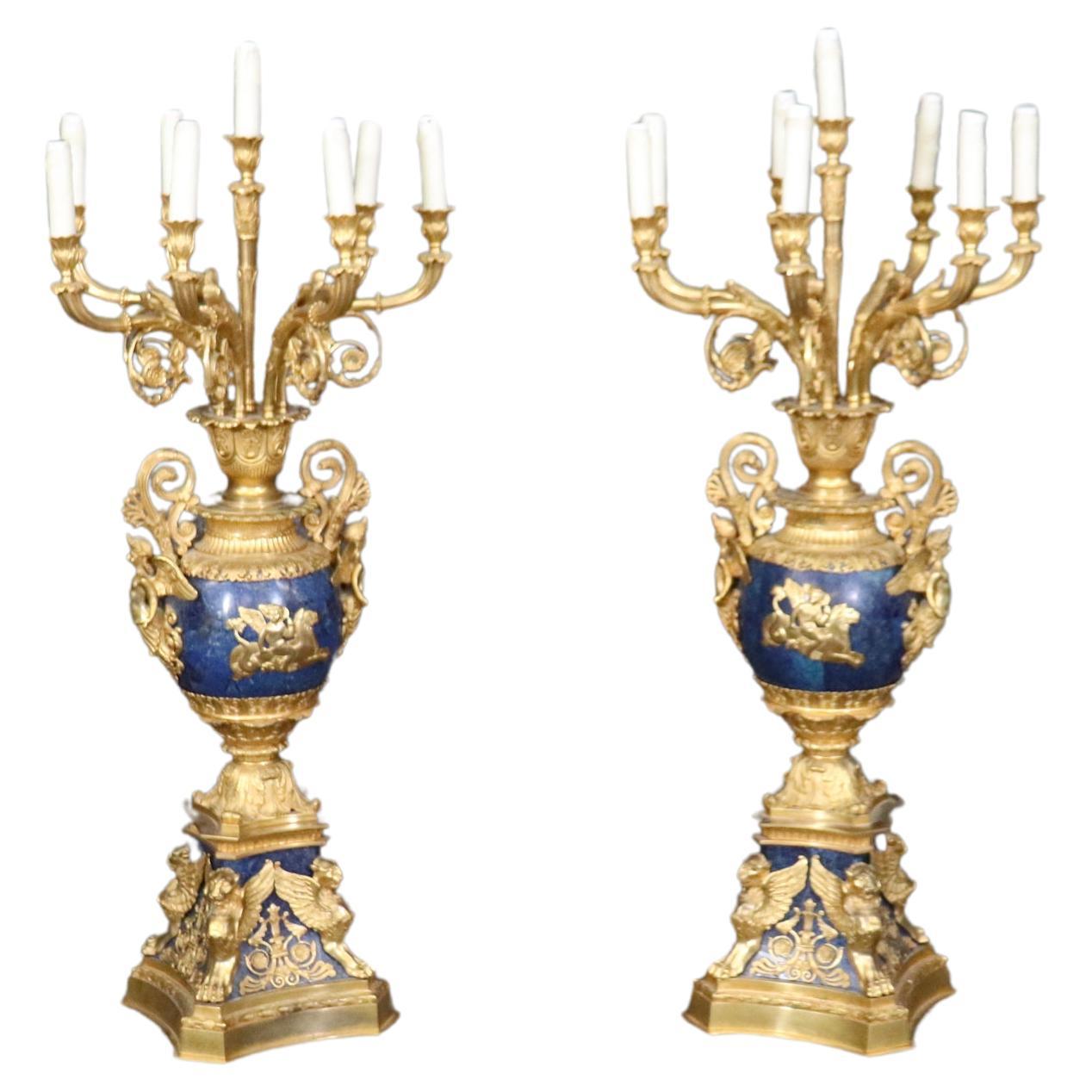 Late 19th Century French Belle Epoque Dore' Bronze and Lapis Lazuli Candelabra