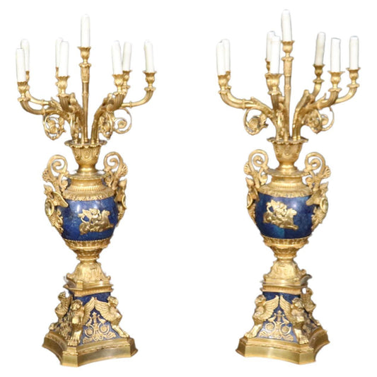 Late 19th Century French Belle Epoque Dore' Bronze and Lapis Lazuli Candelabra