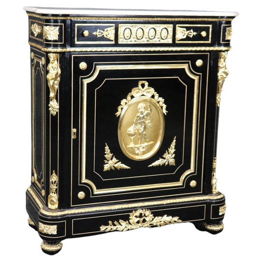 Ebonized Figural Brass Marble Top Napoleonic Side Cabinet Commode