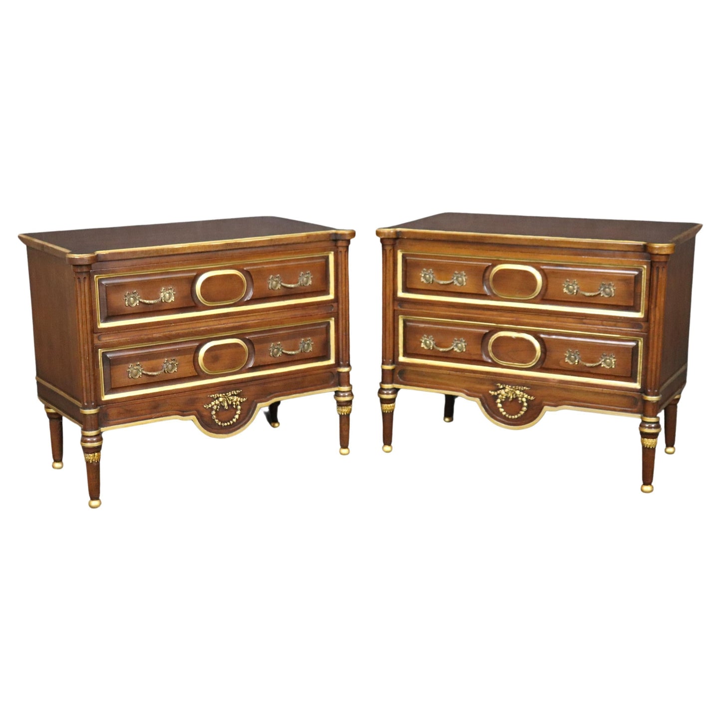 Pair of Superb Quality French Louis XVI Style Walnut and Brass Nightstands