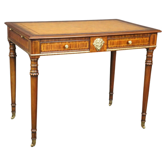 Yellow Ochre Leather Top Maitland Smith Regency Mahogany Desk with Trays