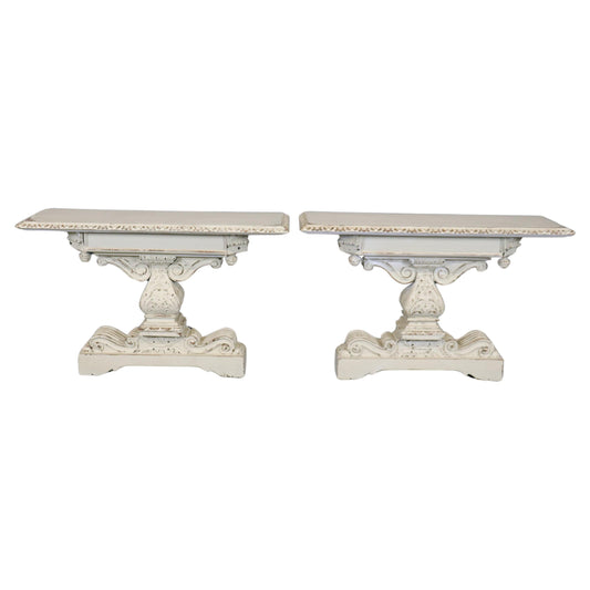 Pair of Distressed White Painted Carved Jacobean Style Console Tables