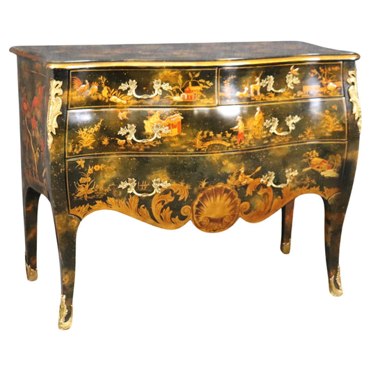 Maitland Smith Attributed Painted Chinoiserie Bombe Louis XV Style Commode