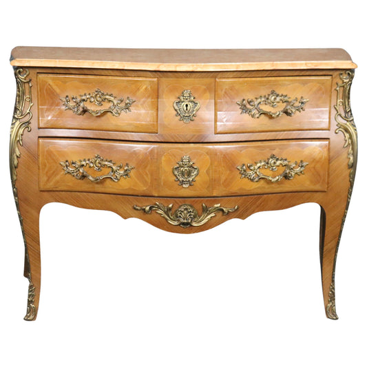 Fine Pale Walnut French Louis XV bronze Mounted Marble Top 3 Drawer Commode