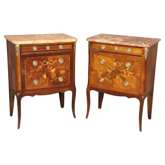 Companion Pair Inlaid French Marble Top Louis XV Nightstands Circa 1920s