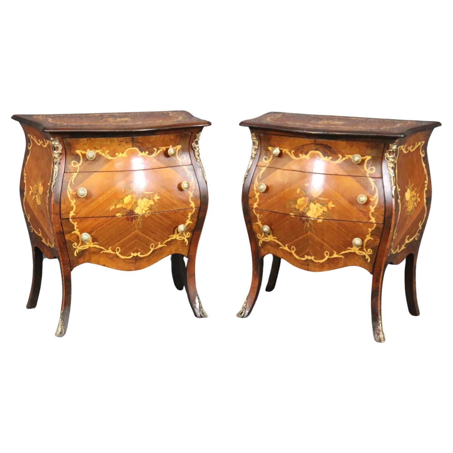 Pair of Inlaid Italian Bombe Night Stands Commodes Circa 1940