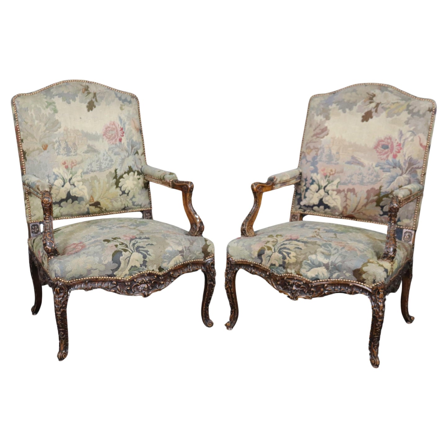 Superb Pair Important Carved French Regence Tapestry Armchairs Circa 1850s