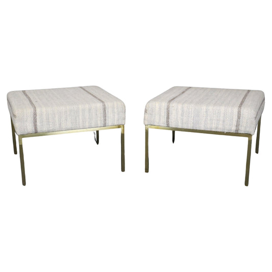 Pair of Brass Paul McCobb Planner Group Style Square Upholstered Ottomans