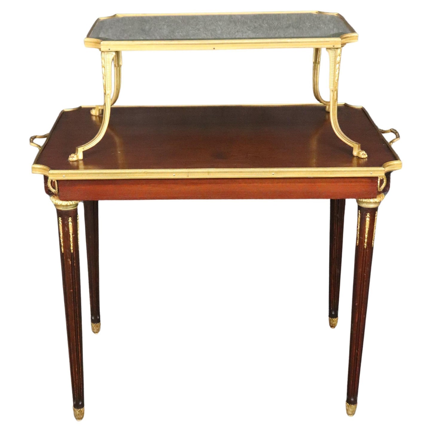 Fine Quality French Dore' Bronze and Mahogany Directoire Dessert Tray Top Table