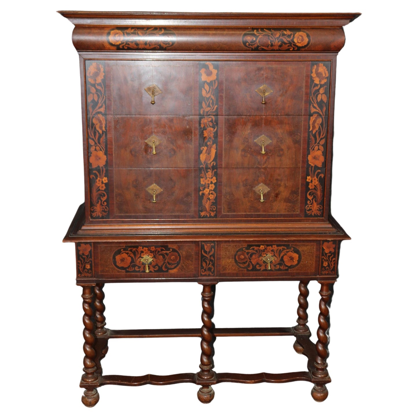 Fine Quality American Made Inlaid Walnut William and Mary Style Tall Chest