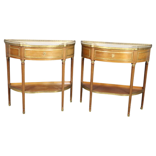 Superb Pair of Marble Top Bronze Mounted French Demilune Console Tables