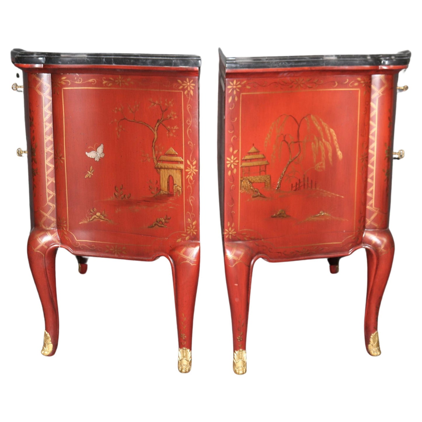 Pair of Marble Top Red Chinoiserie E.J. Victor French Louis XV Commodes