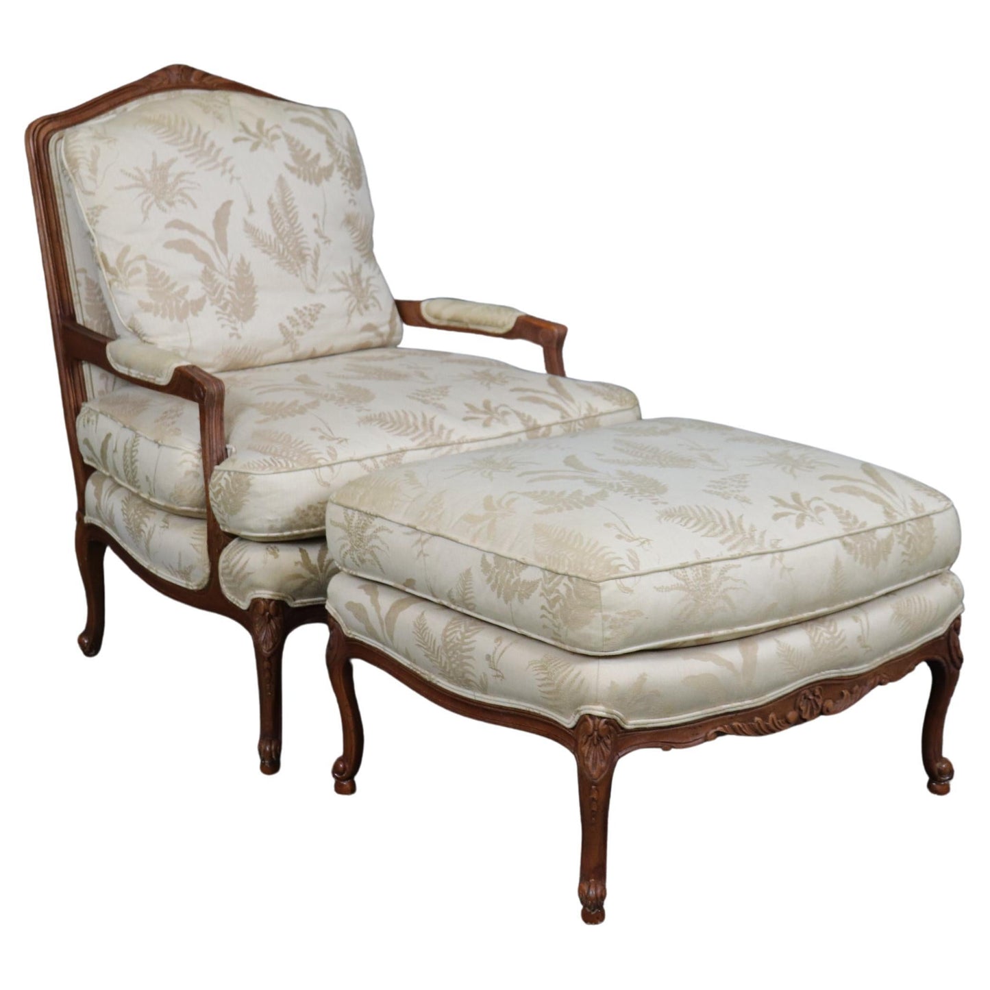 Baker Furniture Company Carved Walnut French Louis XV Style Arm Chair & Ottoman