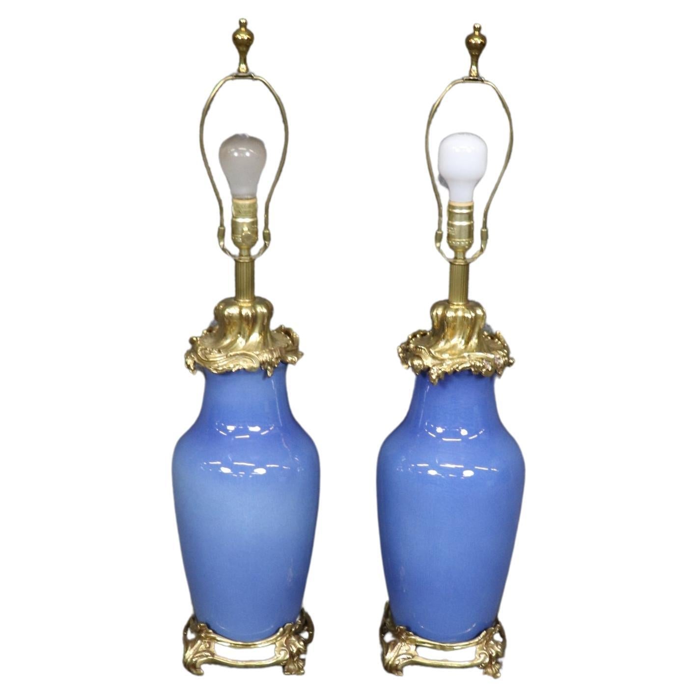 Outstanding Pair Bronze French Rococo Cobalt Blue Porcelain Table Lamps