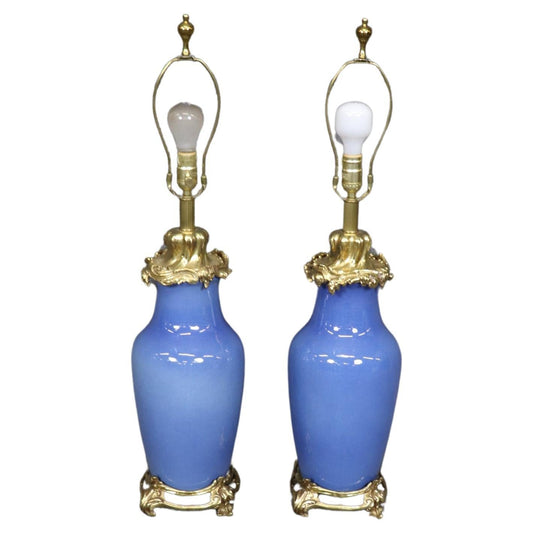 Outstanding Pair Bronze French Rococo Cobalt Blue Porcelain Table Lamps