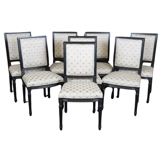 Set 8 French Louis XVI Ebonized Black Lacquer Maison Jansen Style Dining Chairs