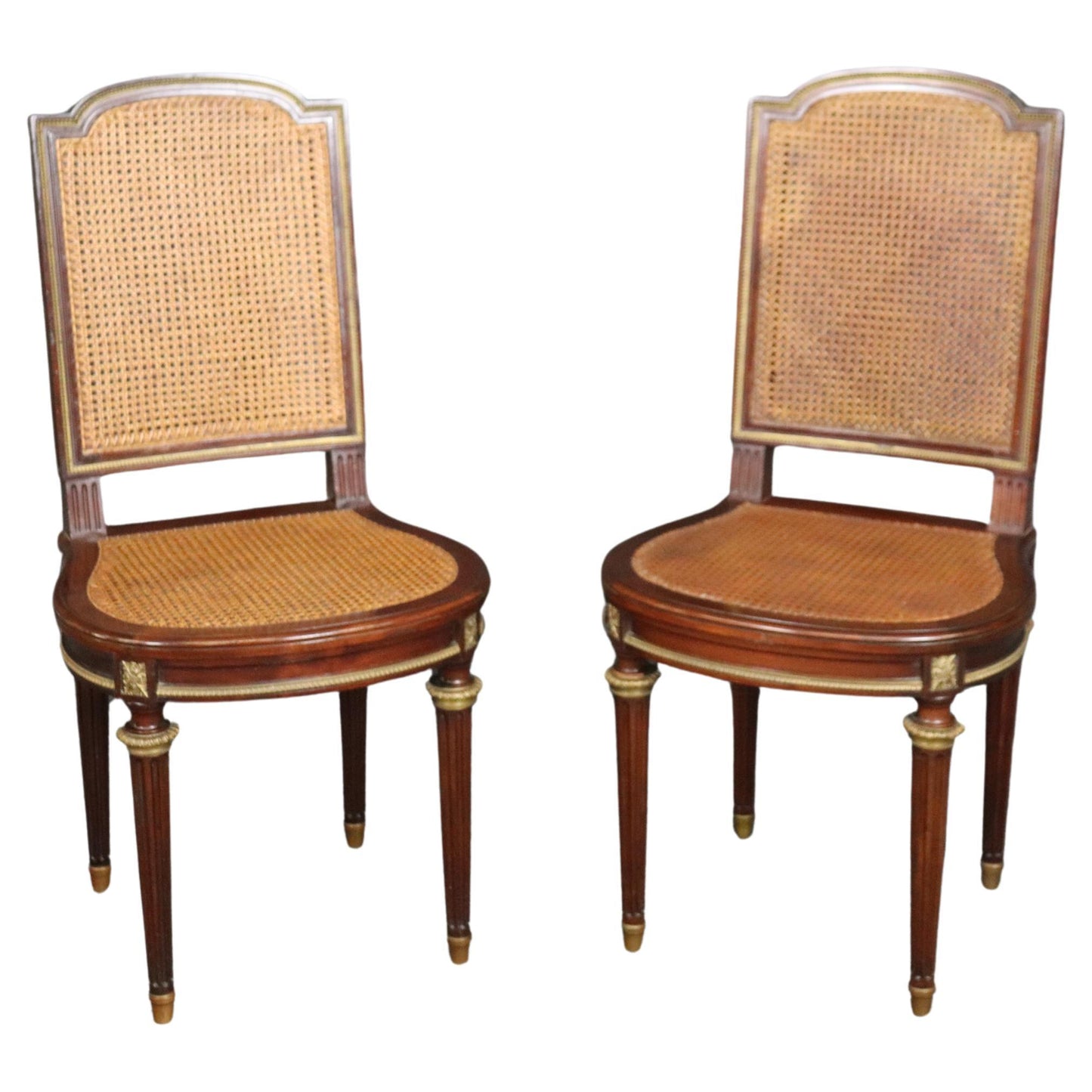 Fantastic Rare Caned Bronze Ormolu Signed Francoise Linke Pair Side Chairs