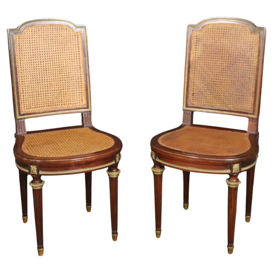 Fantastic Rare Caned Bronze Ormolu Signed Francoise Linke Pair Side Chairs