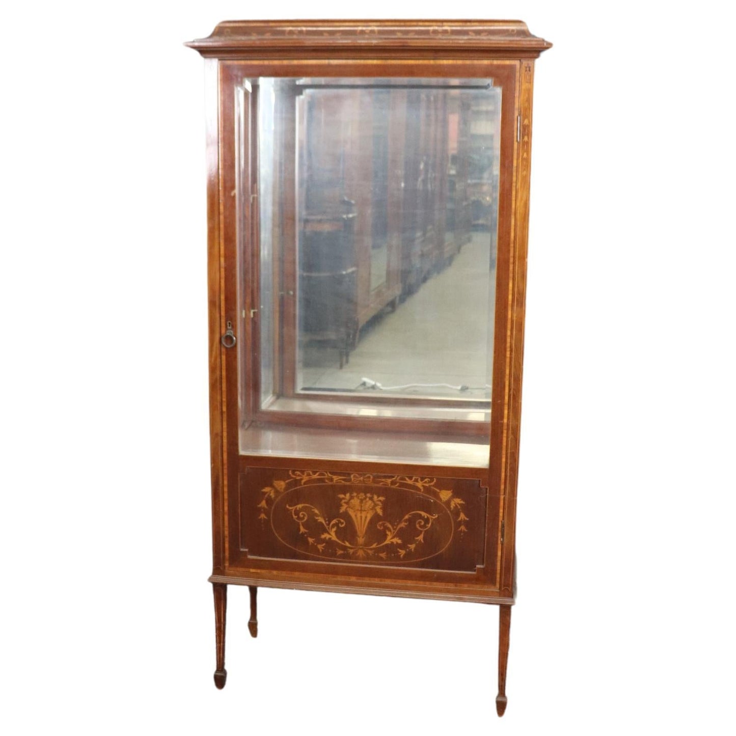 English Edwardian Inlaid Walnut and Satinwood Mirrored Vitrine Curio Cabinet