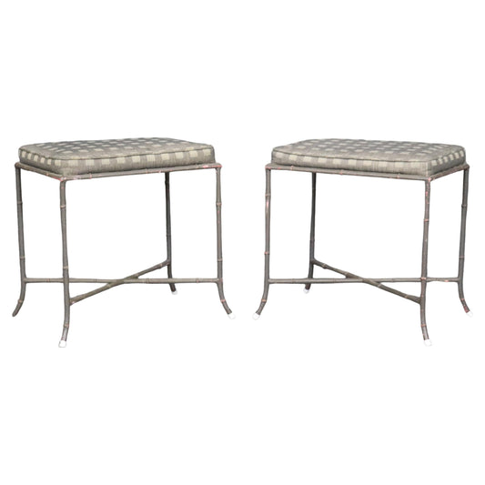 Pair of Maison Bagues Style Faux Bamboo Metal French Benches or Foot Stools