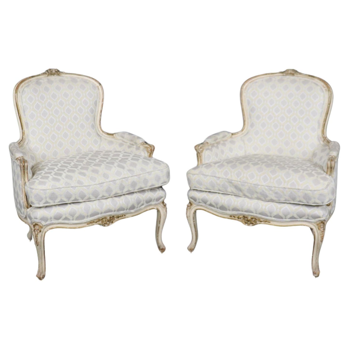 Pair of Early 1990s era Paint Decorated French Louis XV Bergere Chairs