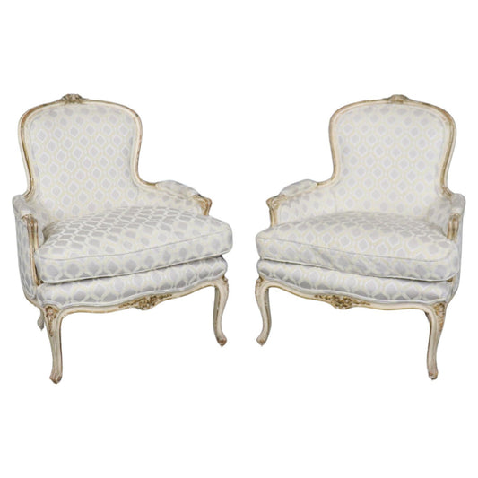 Pair of Early 1990s era Paint Decorated French Louis XV Bergere Chairs