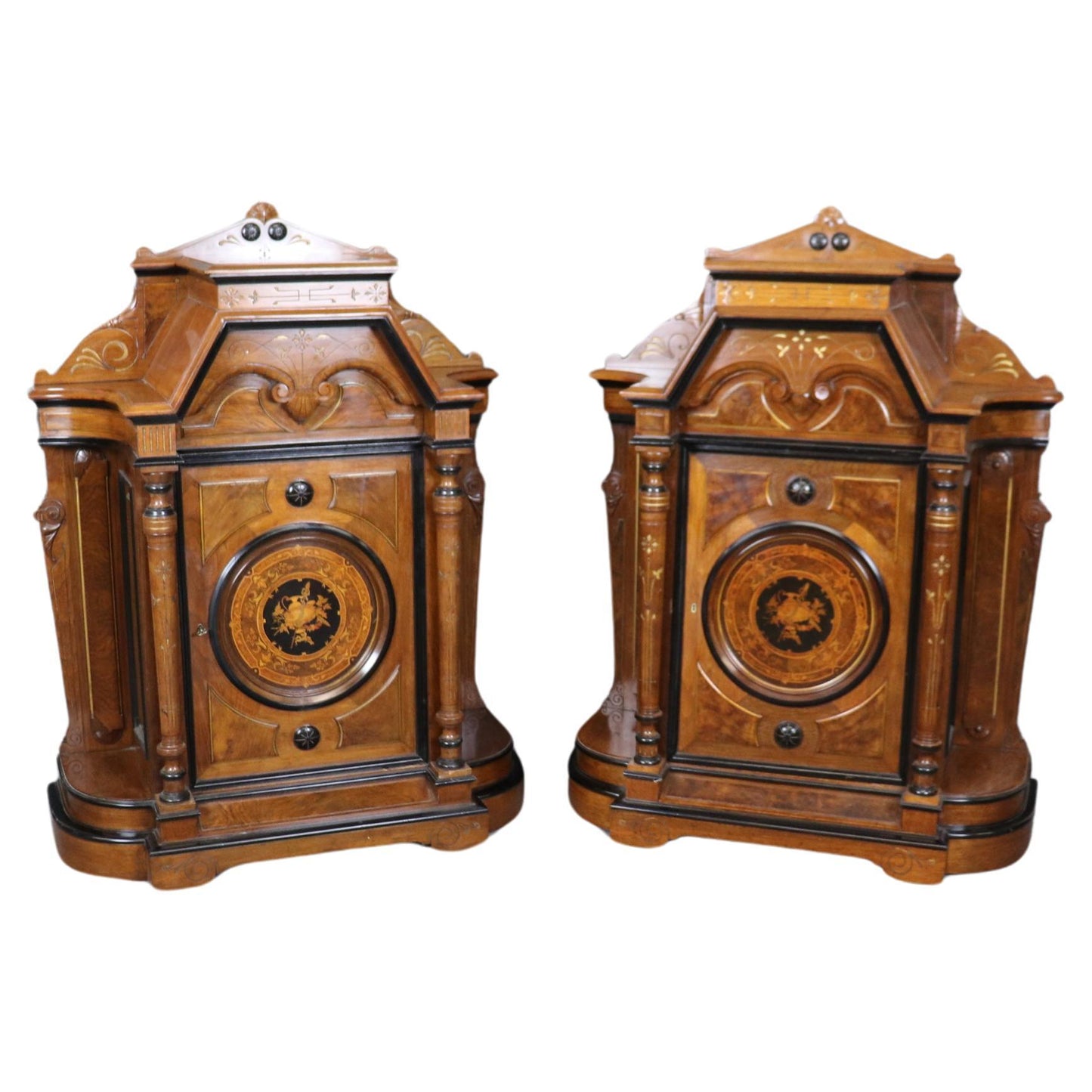 Rare Pair of American Renaissance Revival American Victorian Pedestal Cabinets