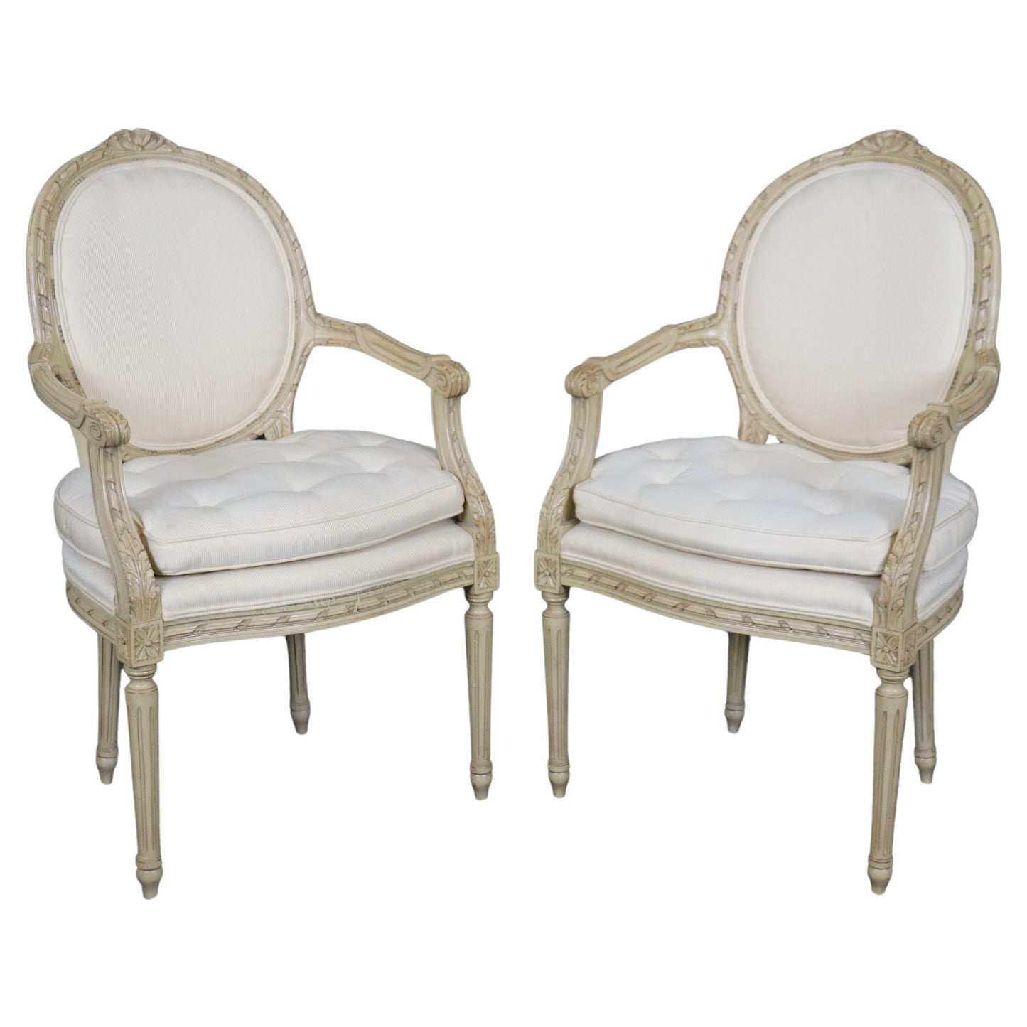 Fantastic Pair Distressed Creme Painted Hand-Carved French Louis XVI Armchairs