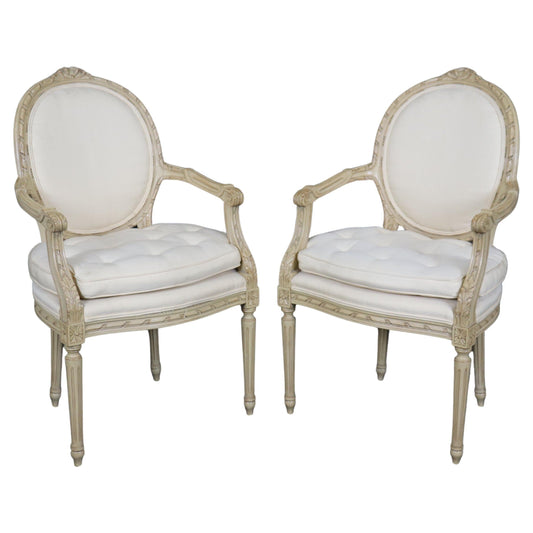 Fantastic Pair Distressed Creme Painted Hand-Carved French Louis XVI Armchairs