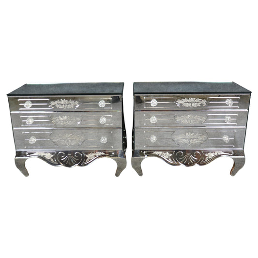 Pair of Floral Etched Glass Italian Louis XV Style Mirrored Commodes Circa 1950s