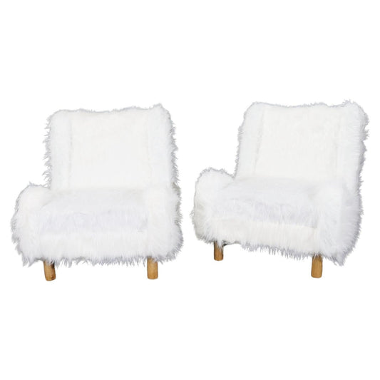 Gorgeous Pair of Low Slung Faux Fur Chairs with Oak Frames Manner Jean Royere