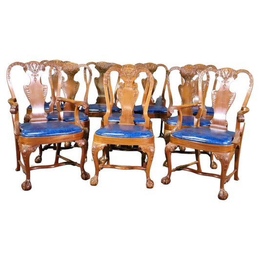 Set 10 Custom-Made Solid Walnut Georgian Carved Dining Chairs Manner of Gillows