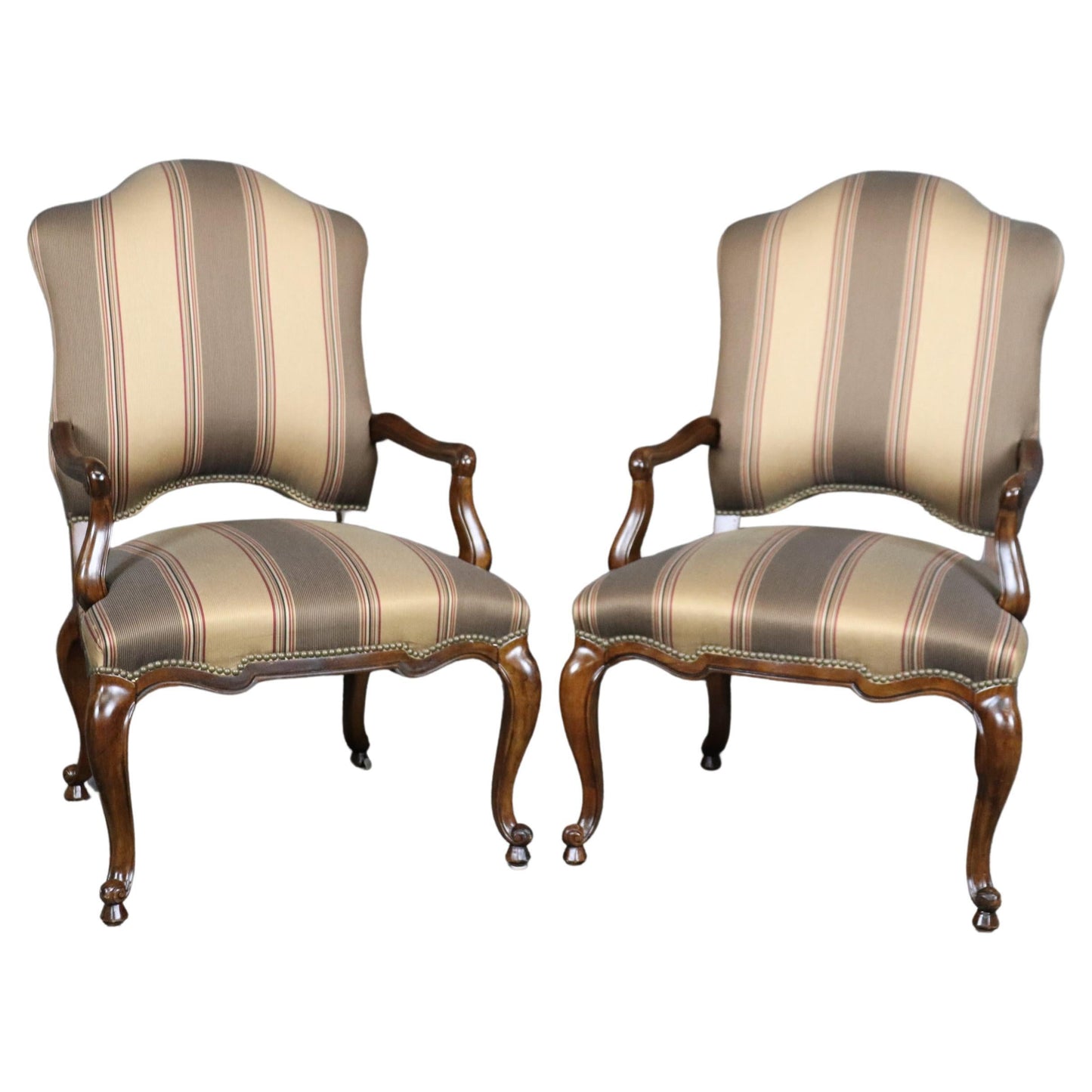 Pair of Gorgeous Century French Louis XV Walnut Armchairs Striped Upholstery