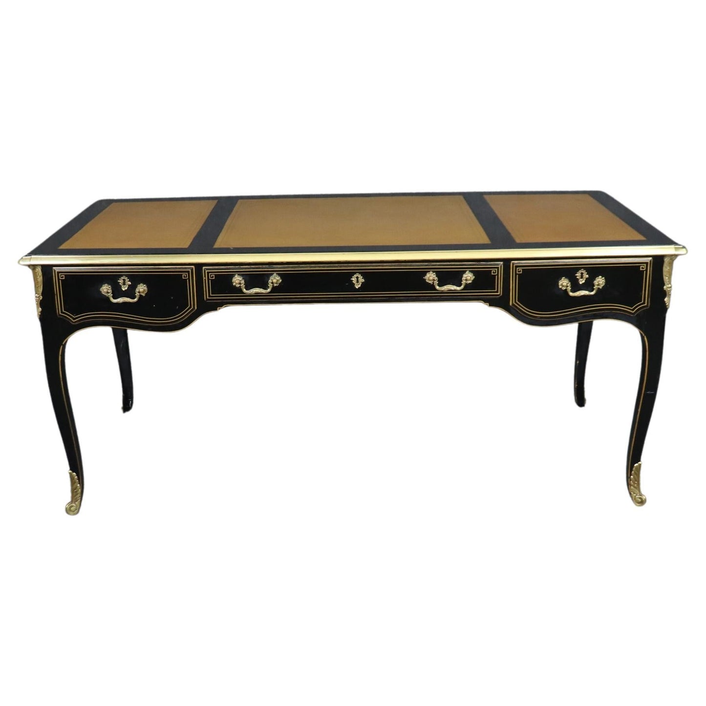 Fine American-Made Leather Top Brass Ormolu Louis XV Style Bureau Plat Desk