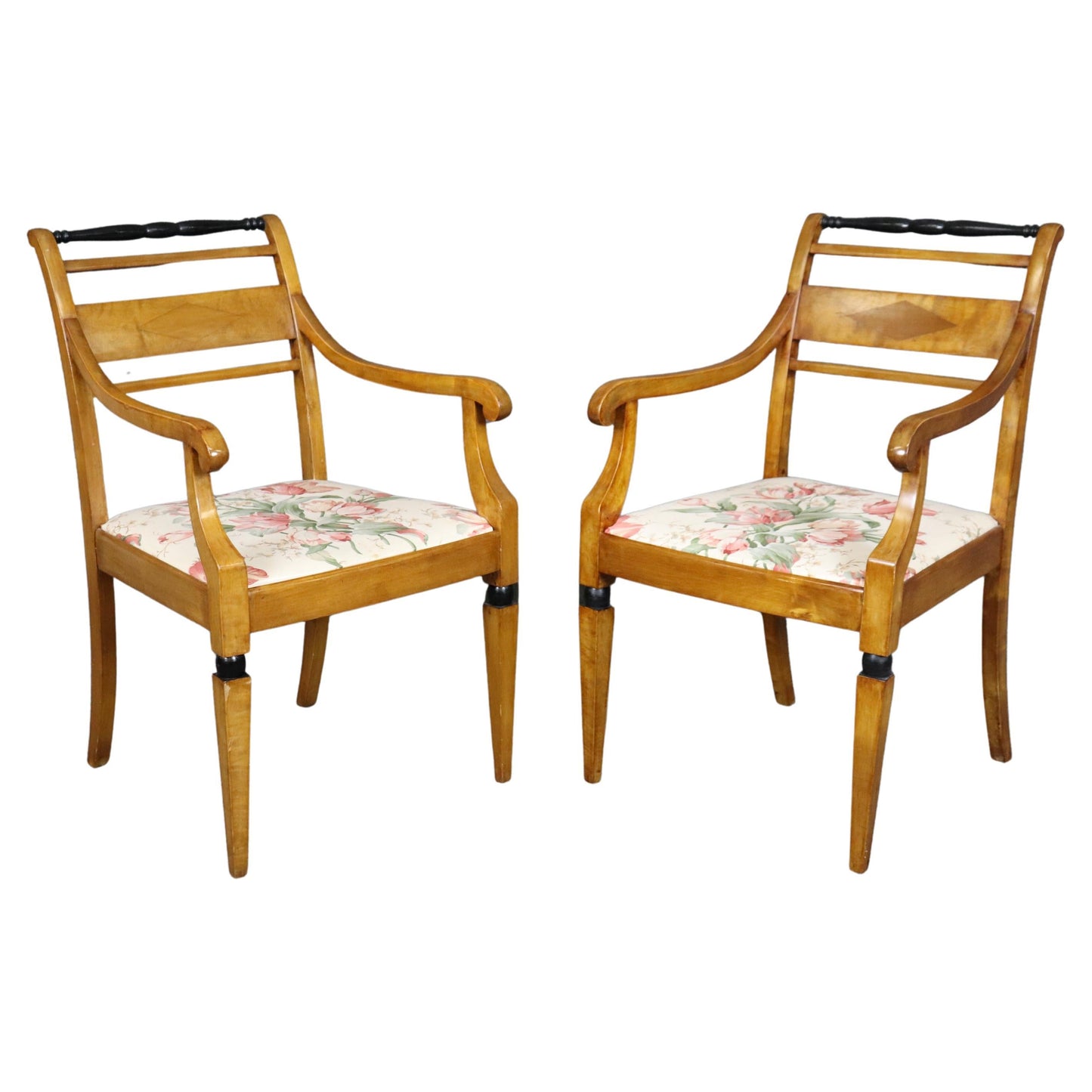 Gorgeous Pair Biedermeier Style Ebonized Birch Armchairs