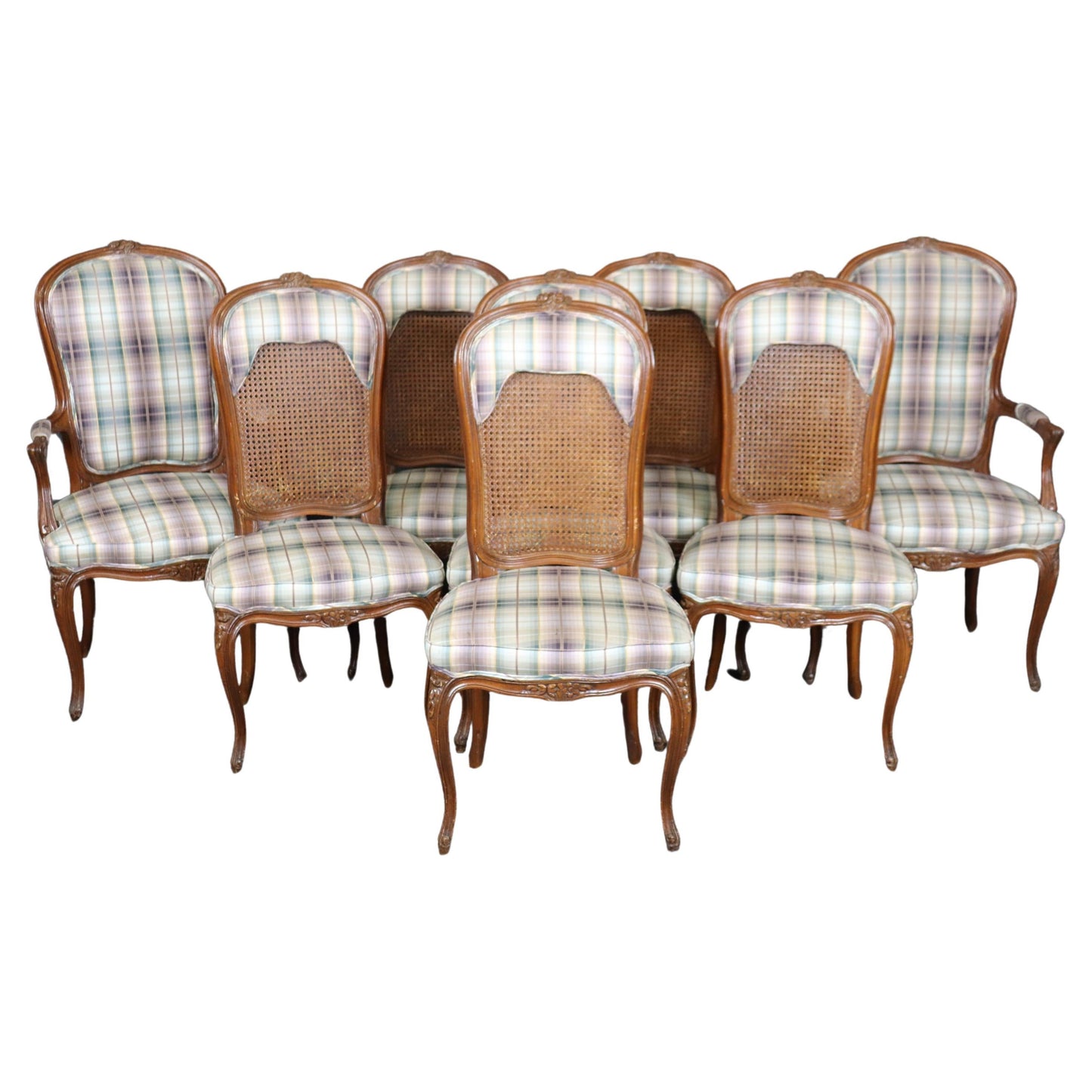 Set of 8 Walnut Louis XVI Cane and Upholstery Backed Dining Chairs