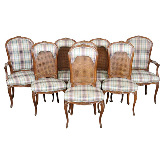 Set of 8 Walnut Louis XVI Cane and Upholstery Backed Dining Chairs